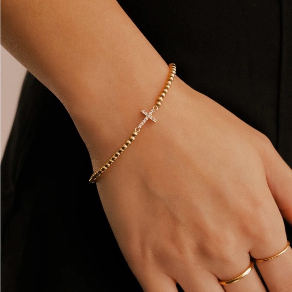 NWT. Mint & Lily. Gold Beaded Cross Bracelet - Picture 2 of 7